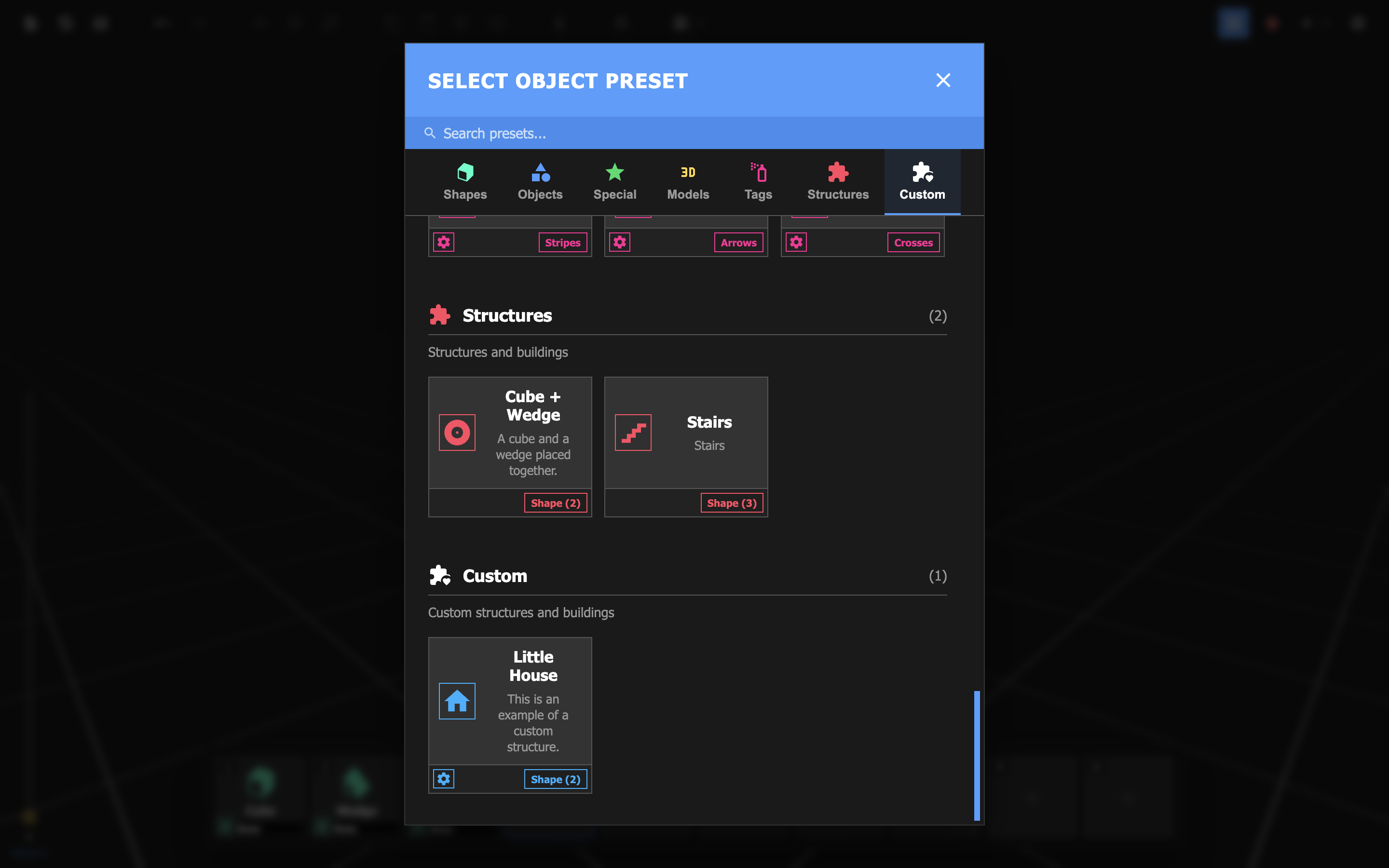 A new custom structure can be found in the Object Preset menu.