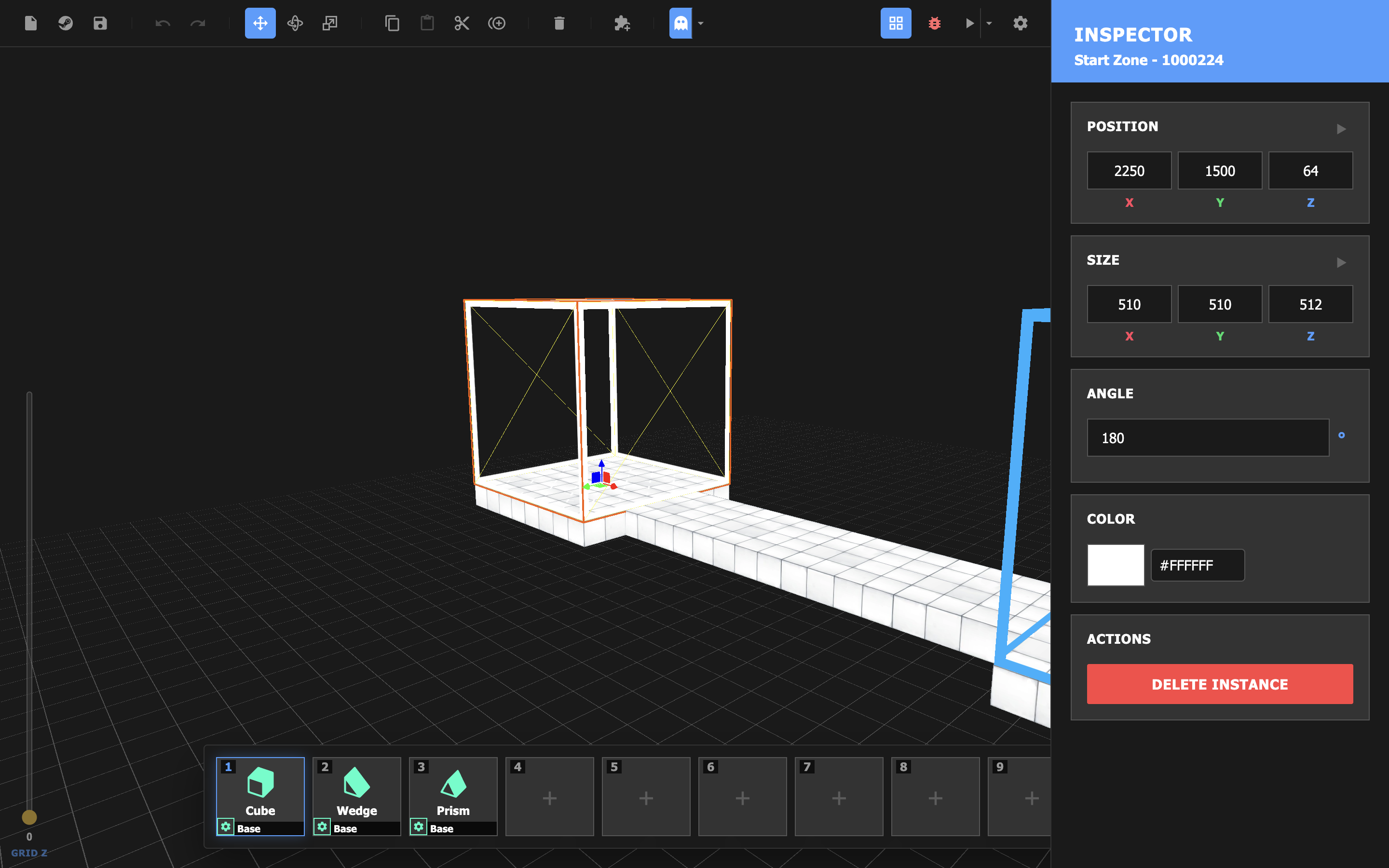 The Start Zone object is selected. On the right hand side of the screen, the Inspector reveals its properties.