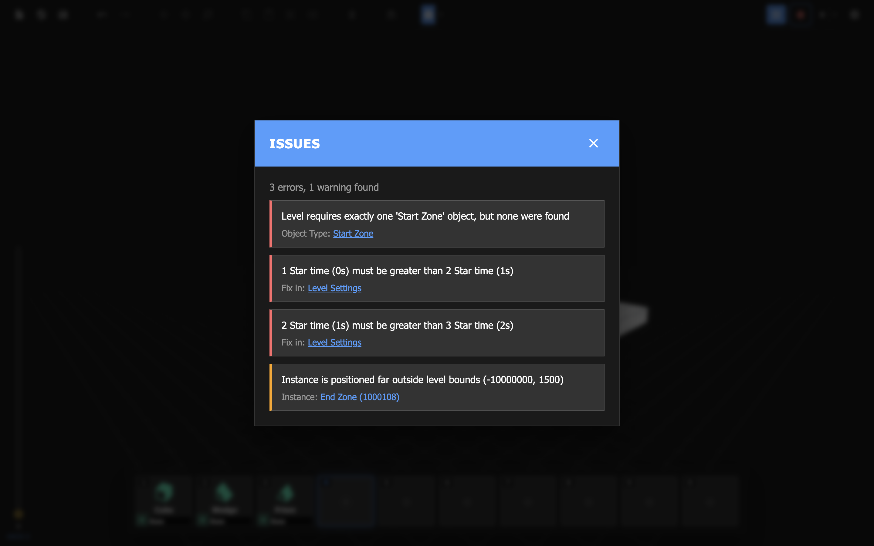 An example of errors and warnings in the Issues menu.