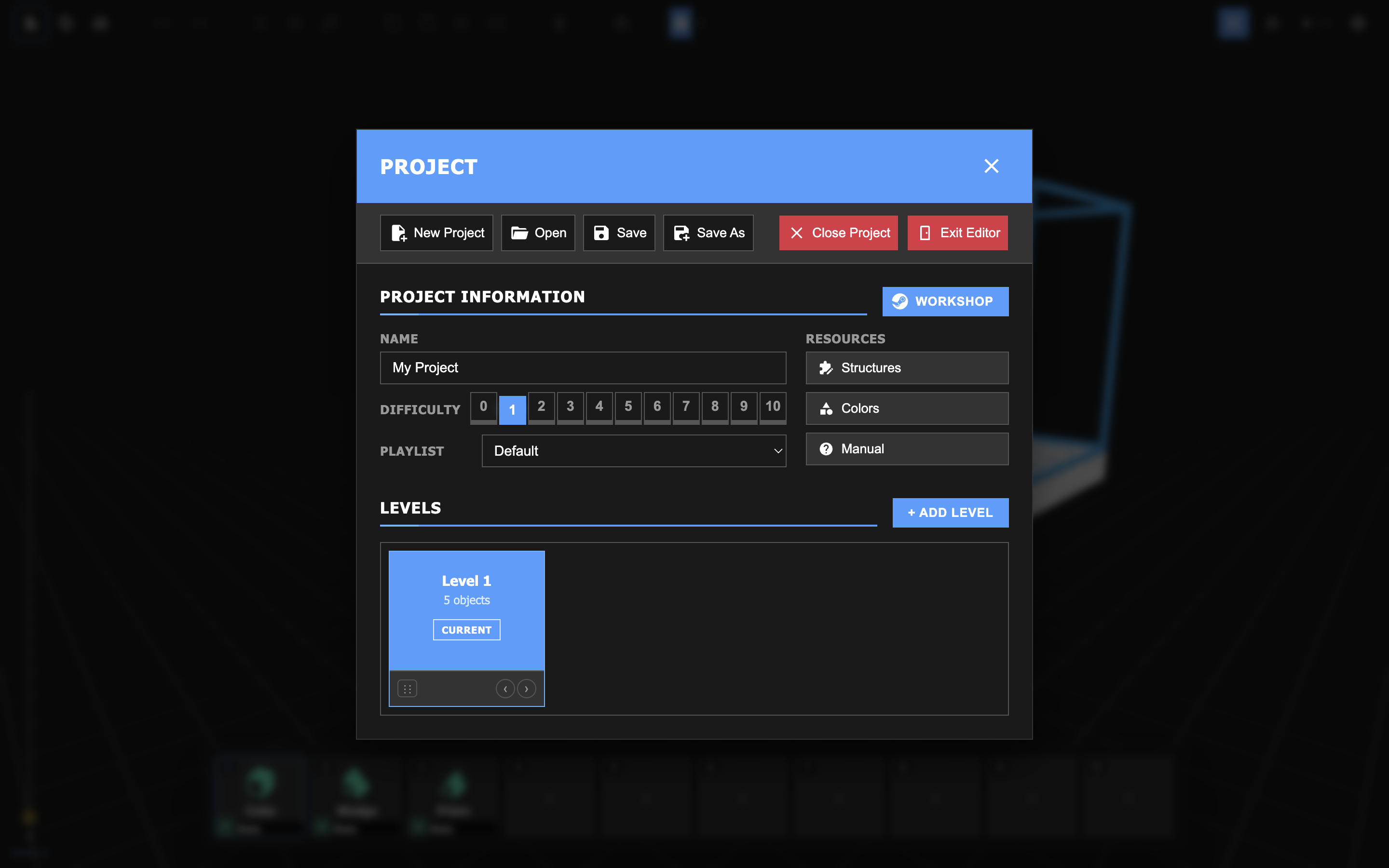 The Project Manager menu, with the Levels section at the bottom.