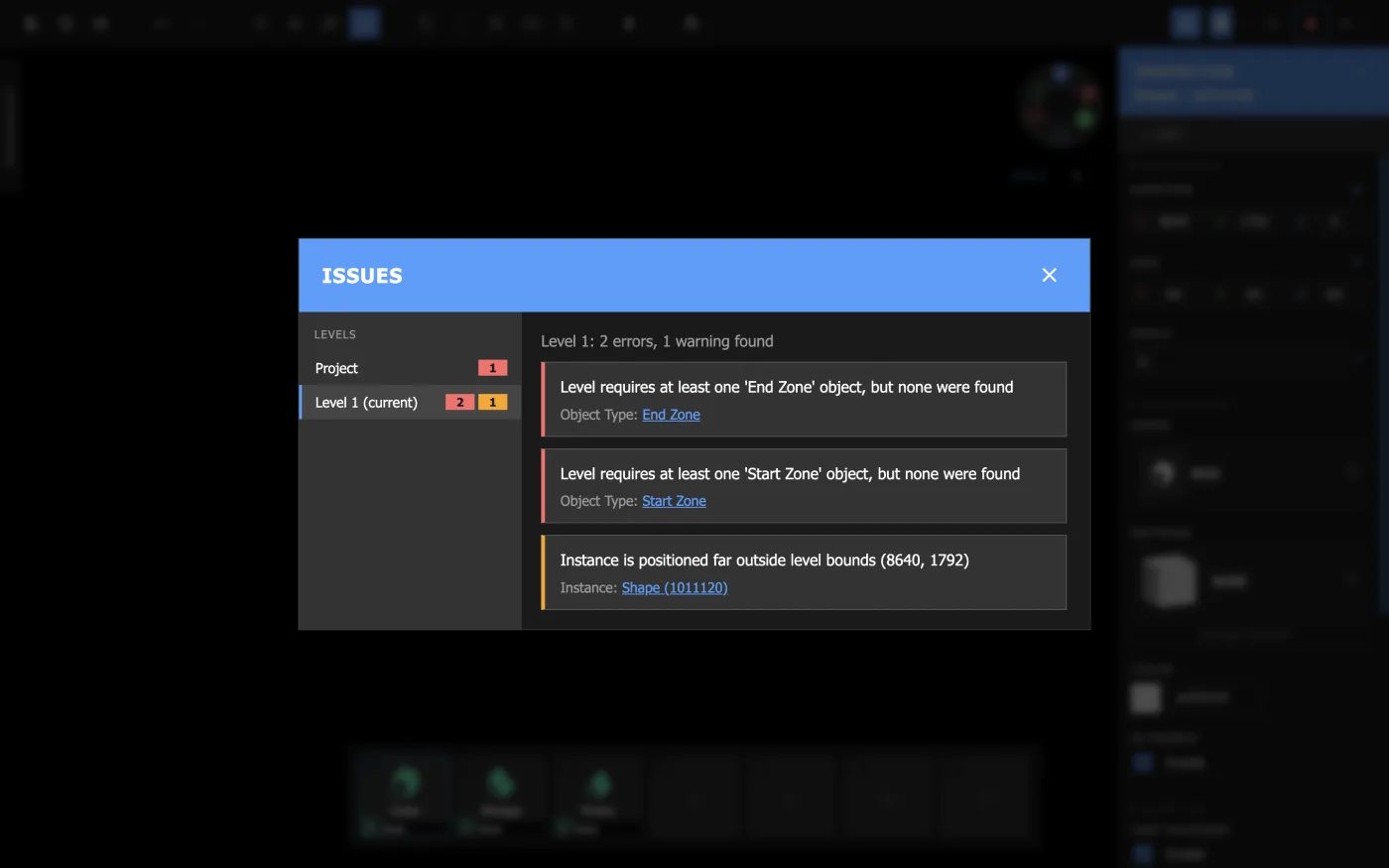 An example of errors and warnings in the Issues menu.