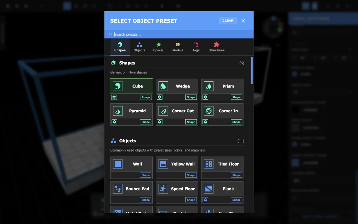 The Object Preset menu.