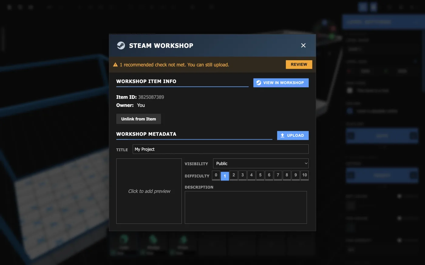 The Steam Workshop menu with a workshop item.